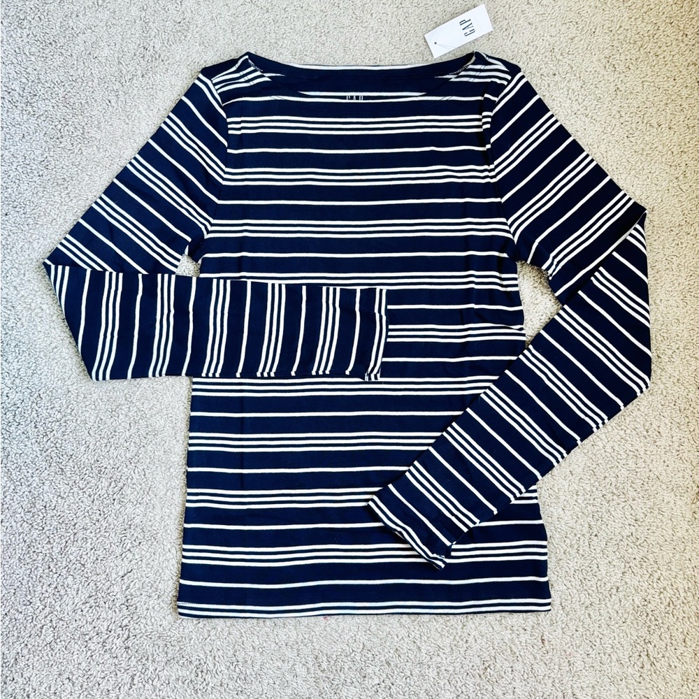 gap navy blue and white striped ribbed boatneck long sleeve t-shirt - Picture 4 of 13